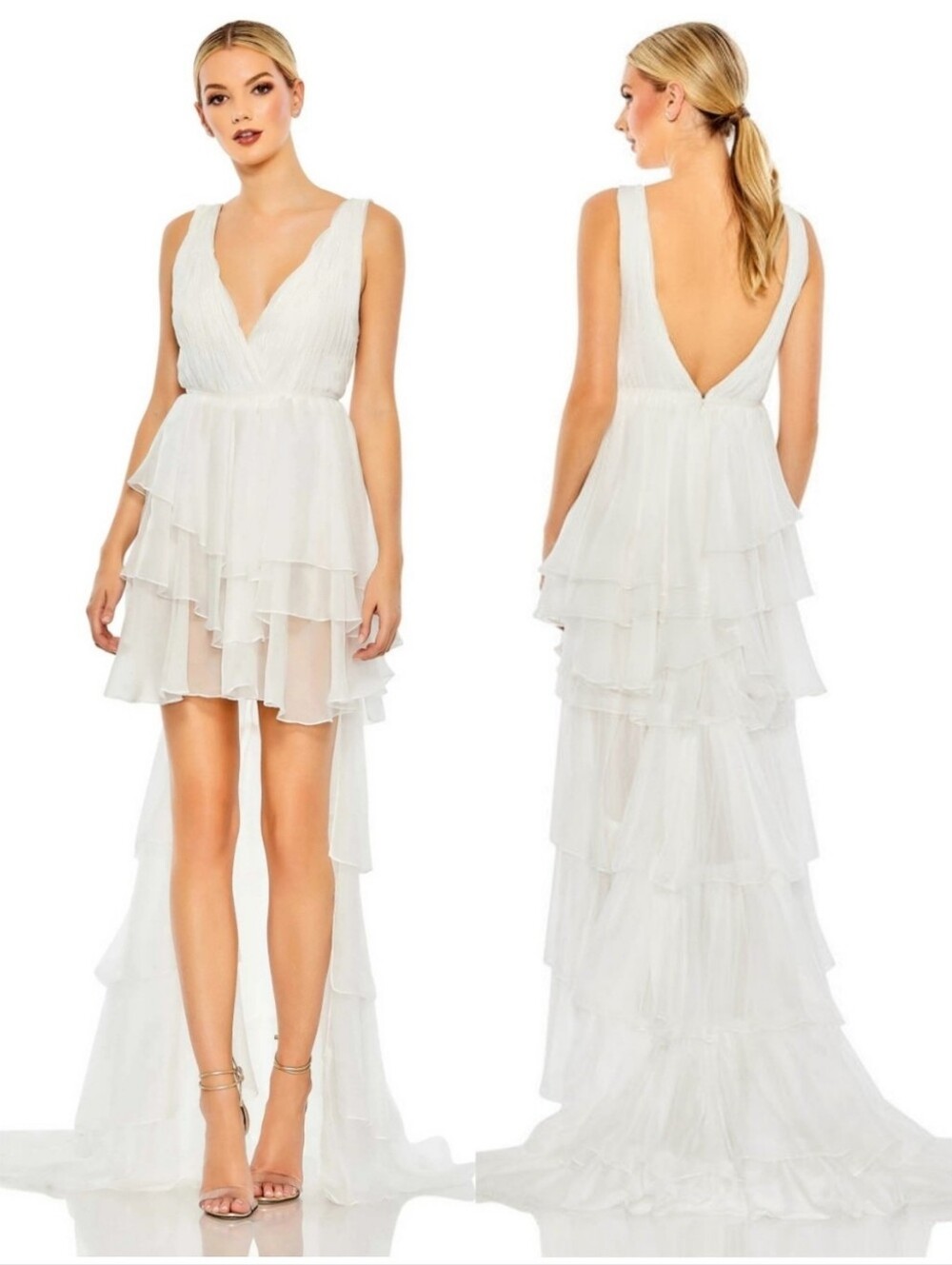 Ieena for Mac Duggal 55320 White High Low Ruffle Tier Gown Dress Bodysuit 8 NWT